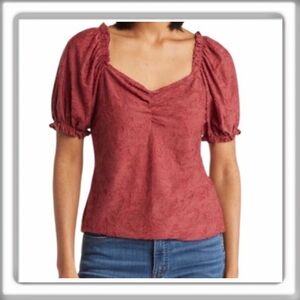 NWT CHENAULT Sweetheart Neck Puff Short Sleeve Top Shirt In Rosewood Size Large
